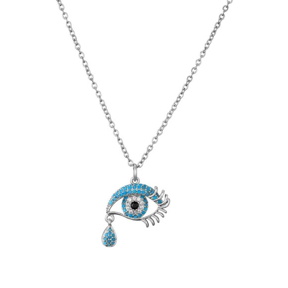 Bahati Jewelry - Evil Eye Silver Blue Pave Cubic Zirconia Dainty Necklace